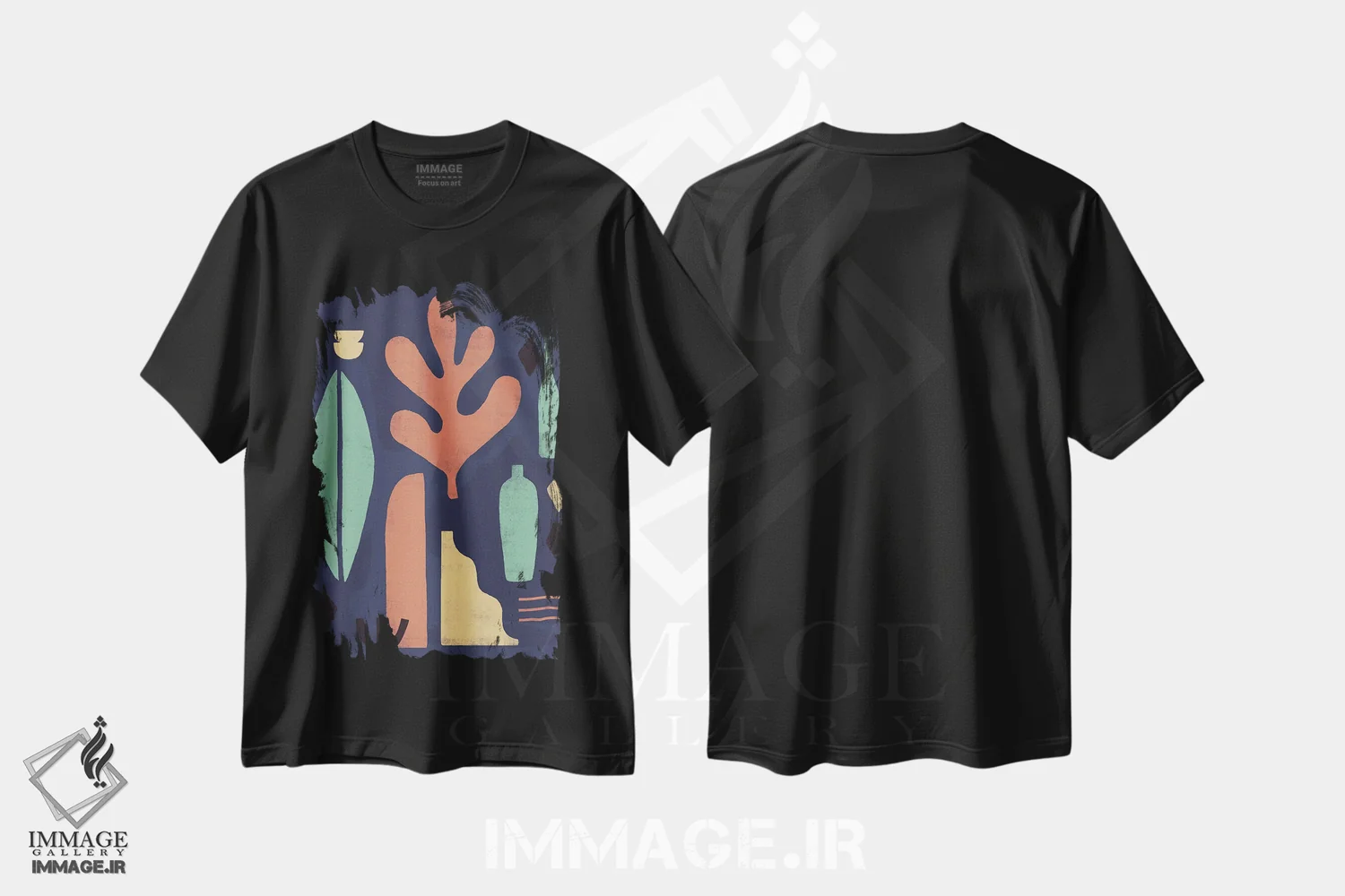 تیشرت مشکی طرح دار شکل رنگین کمانی انتزاعی سه اثر هلو مورائس | فروشگاه ایماژ