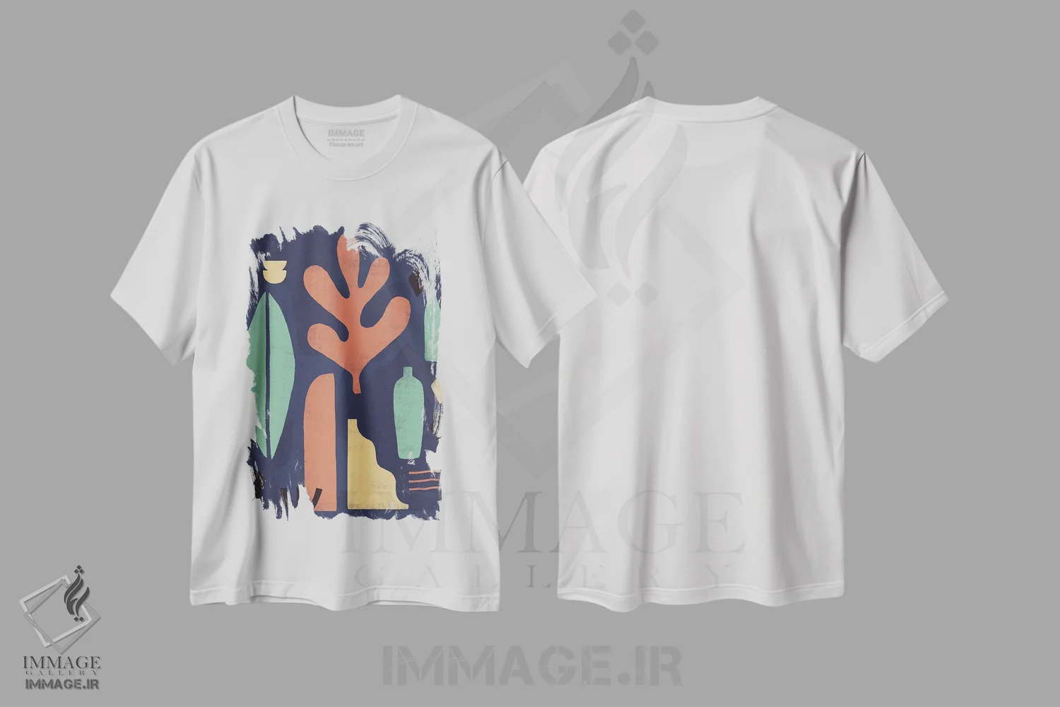 تیشرت سفید طرح دار شکل رنگین کمانی انتزاعی سه اثر هلو مورائس | immage.ir