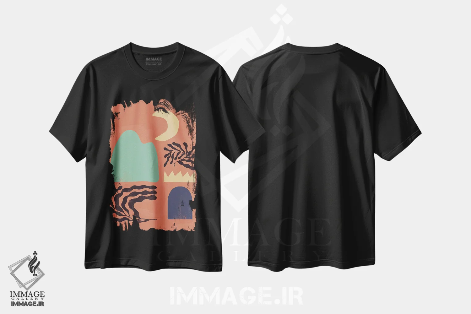 تیشرت مشکی طرح دار شکل رنگین کمانی انتزاعی پنج اثر هلو مورائس | فروشگاه ایماژ