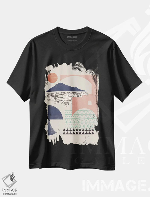 تیشرت مشکی طرح دار شکل رنگین کمانی انتزاعی شش اثر هلو مورائس | immage.ir