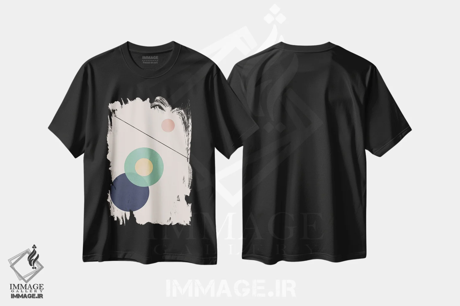 تیشرت مشکی طرح دار شکل رنگین کمانی انتزاعی هفت اثر هلو مورائس | فروشگاه ایماژ