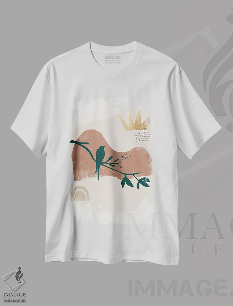 تیشرت سفید طرح دار پرنده شنی انتزاعی یک اثر هلو مورائس | immage.ir