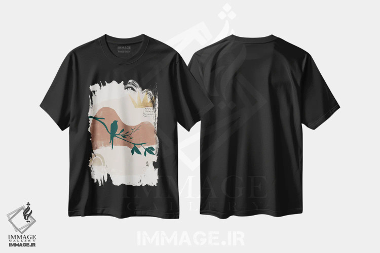 تیشرت مشکی طرح دار پرنده شنی انتزاعی یک اثر هلو مورائس | فروشگاه ایماژ