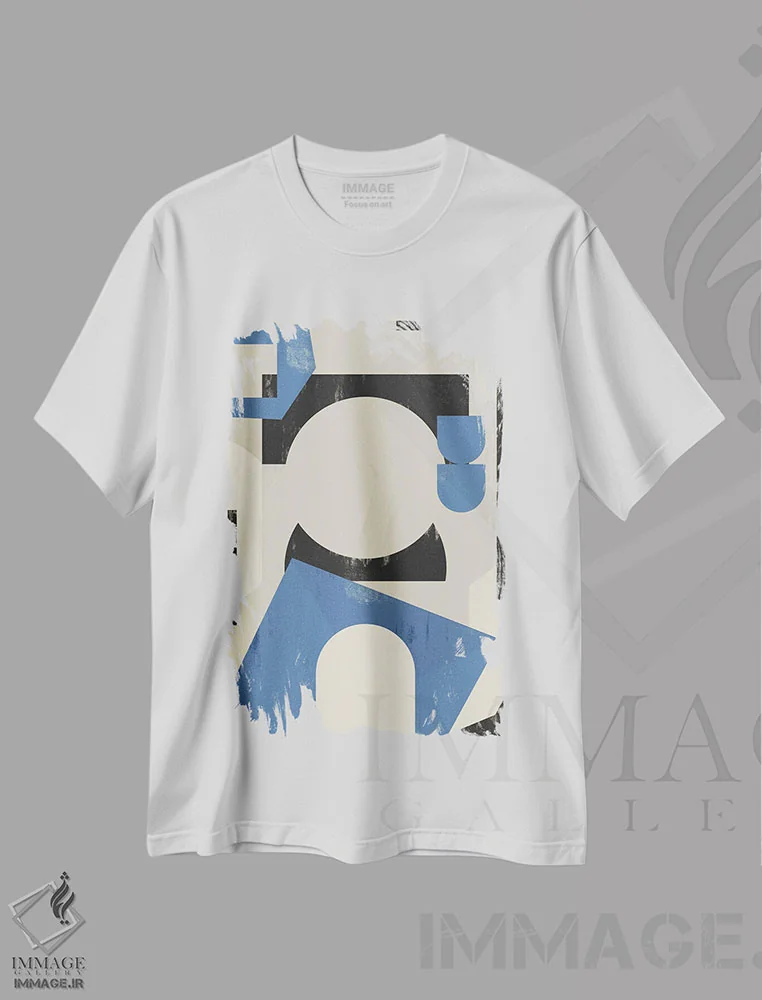 تیشرت سفید طرح دار طرح هندسی آسمان انتزاعی دو اثر هلو مورائس | فروشگاه ایماژ