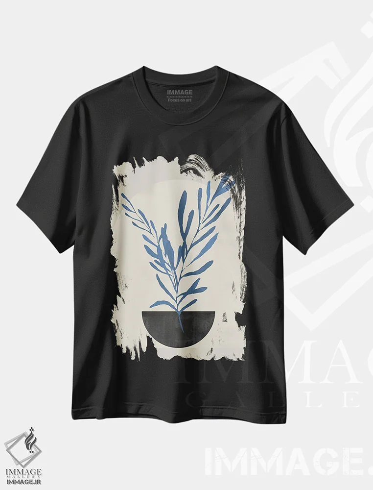 تیشرت مشکی طرح دار برگ آسمانی انتزاعی ششم، تزئینی اثر هلو مورائس | فروشگاه ایماژ
