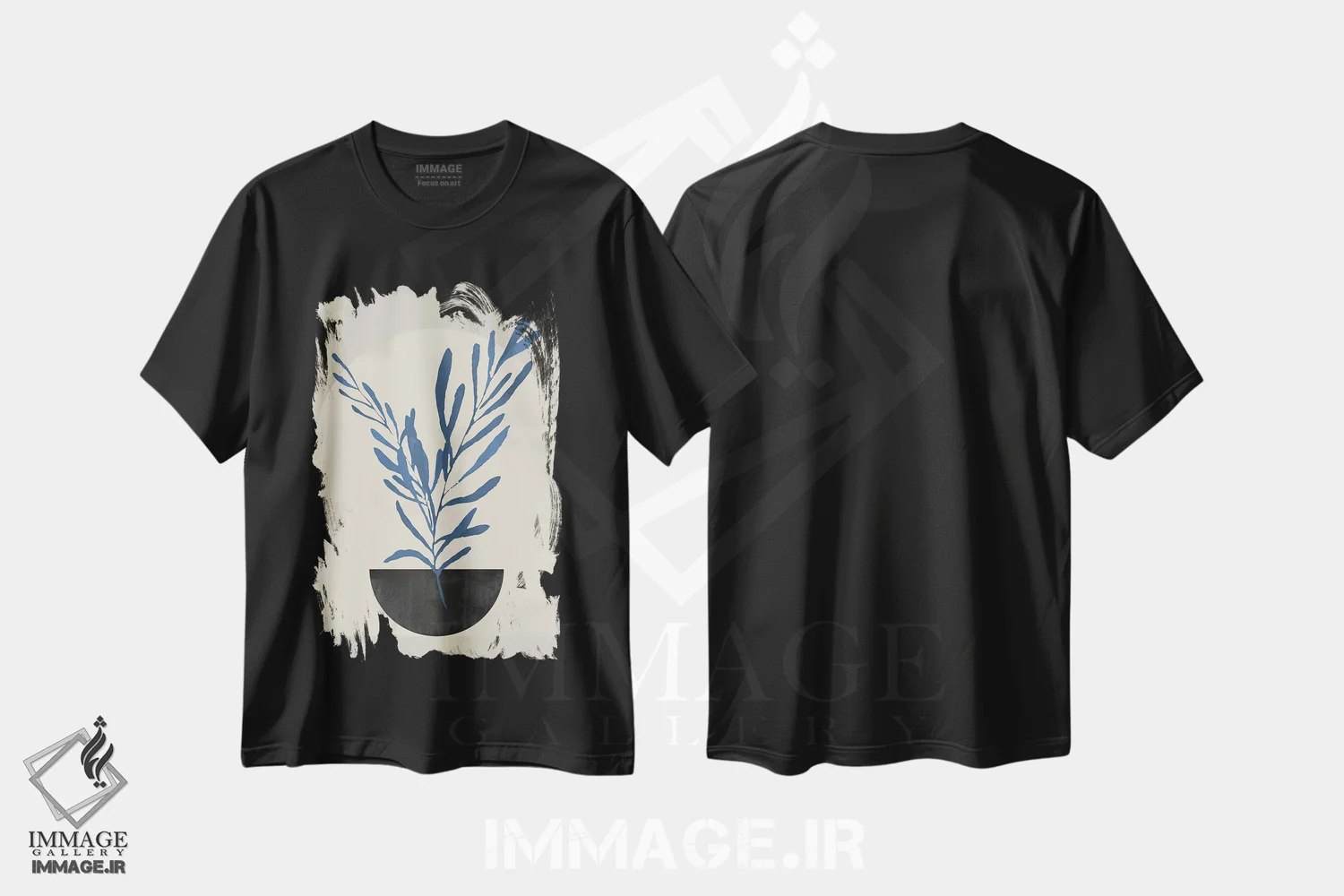 تیشرت مشکی طرح دار برگ آسمانی انتزاعی ششم، تزئینی اثر هلو مورائس | فروشگاه ایماژ