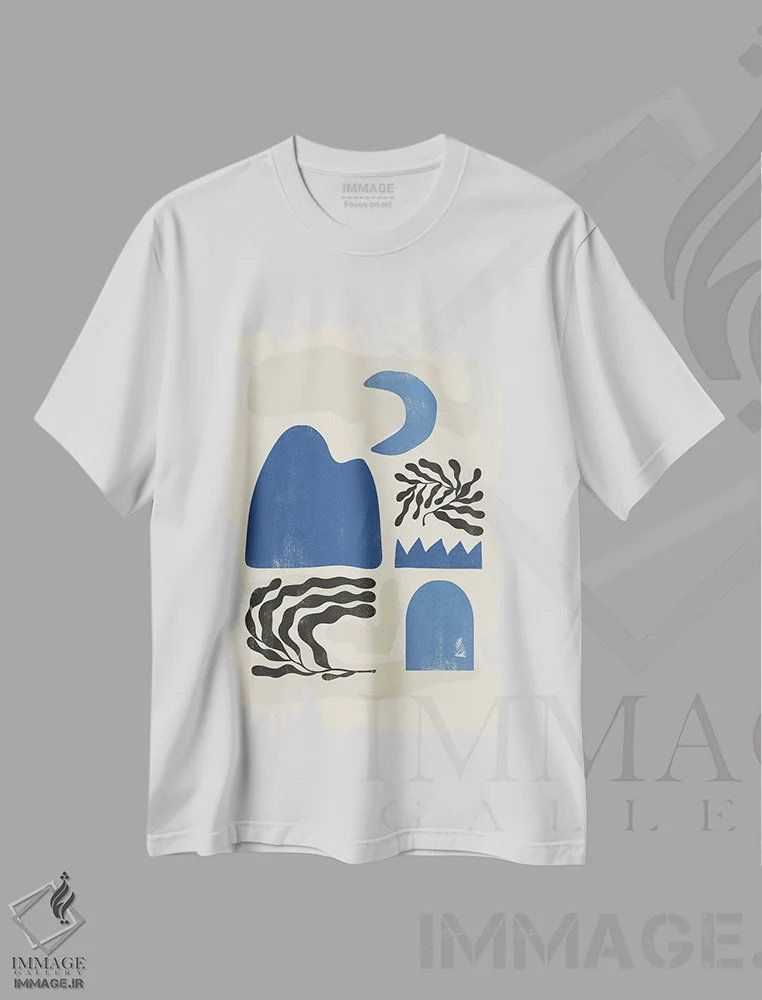 تیشرت سفید طرح دار شکل آسمانی انتزاعی یک اثر هلو مورائس | فروشگاه ایماژ