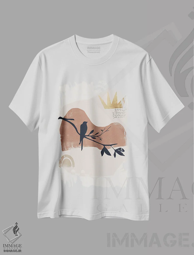 تیشرت سفید طرح دار پرنده غروب انتزاعی یک، آبستره اثر هلو مورائس | فروشگاه ایماژ
