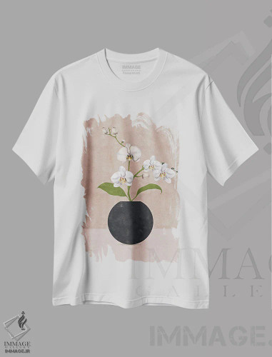 تیشرت سفید طرح دار گل غروب انتزاعی یک، تزئینی اثر هلو مورائس | فروشگاه ایماژ