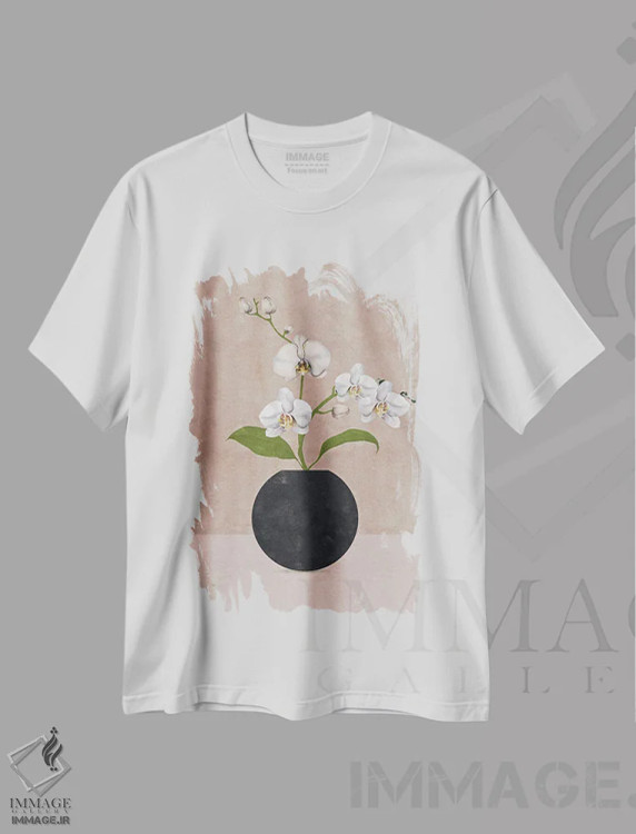 تیشرت سفید طرح دار گل غروب انتزاعی یک، تزئینی اثر هلو مورائس | فروشگاه ایماژ