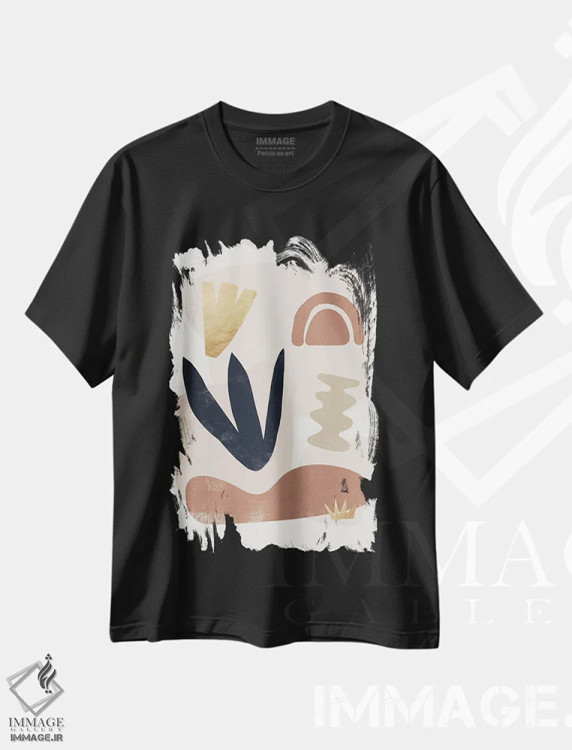 تیشرت مشکی طرح دار شکل غروب انتزاعی دو اثر هلو مورائس | فروشگاه ایماژ