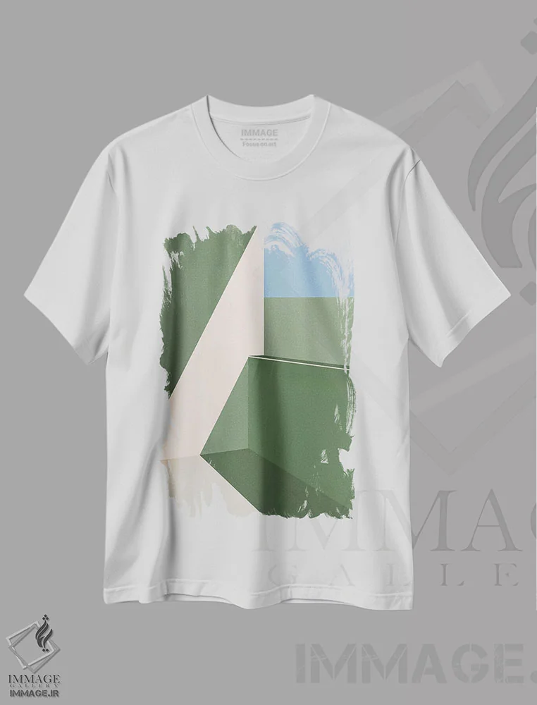 تیشرت سفید طرح دار طرح هندسی سبزها انتزاعی چهار اثر هلو مورائس | immage.ir