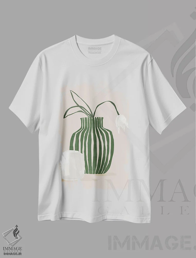 تیشرت سفید طرح دار لاله های سبز انتزاعی دو، تزئینی اثر هلو مورائس | فروشگاه ایماژ