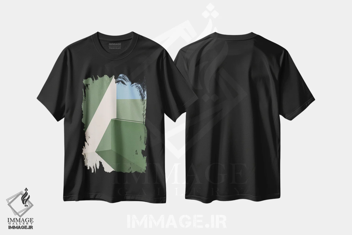 تیشرت مشکی طرح دار طرح هندسی سبزها انتزاعی چهار اثر هلو مورائس | فروشگاه ایماژ