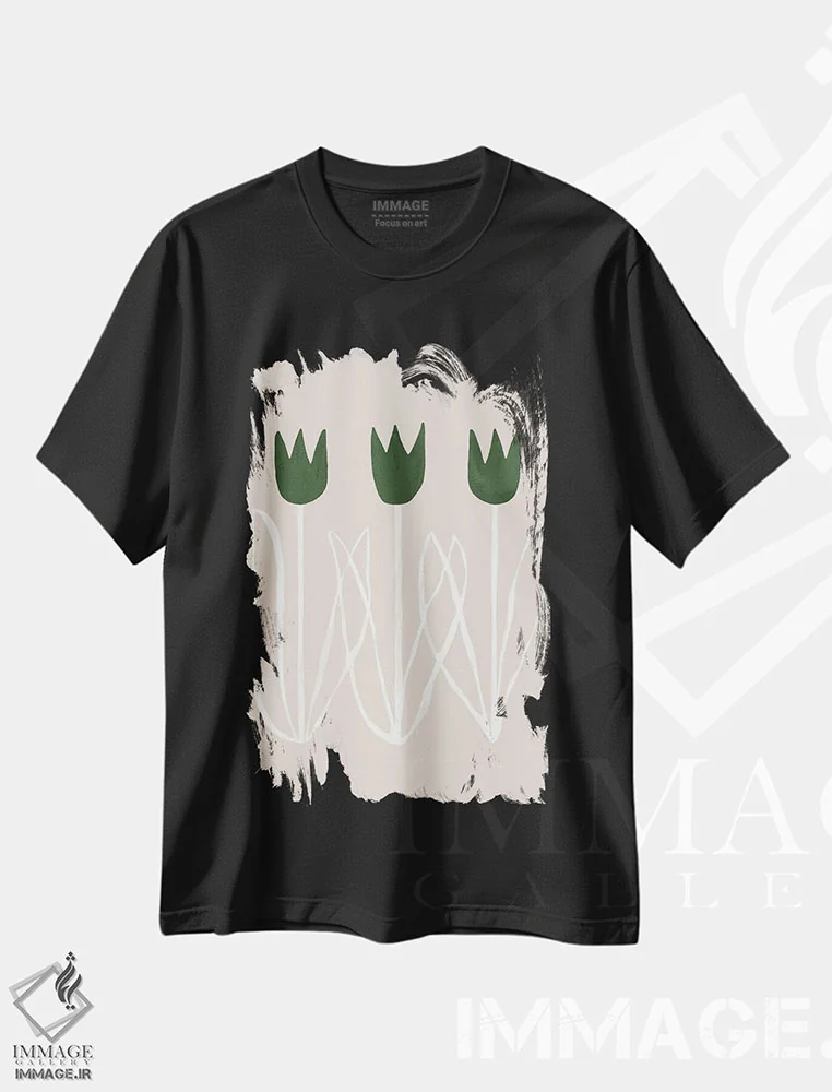تیشرت مشکی طرح دار لاله های سبز انتزاعی یک، تزئینی اثر هلو مورائس | فروشگاه ایماژ