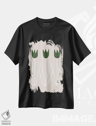 تیشرت مشکی طرح دار لاله های سبز انتزاعی یک، تزئینی اثر هلو مورائس | فروشگاه ایماژ