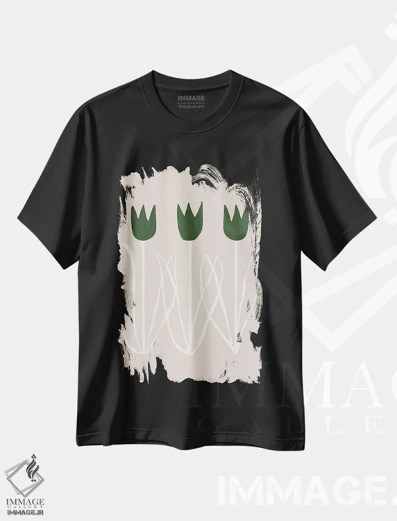 تیشرت مشکی طرح دار لاله های سبز انتزاعی یک، تزئینی اثر هلو مورائس | فروشگاه ایماژ