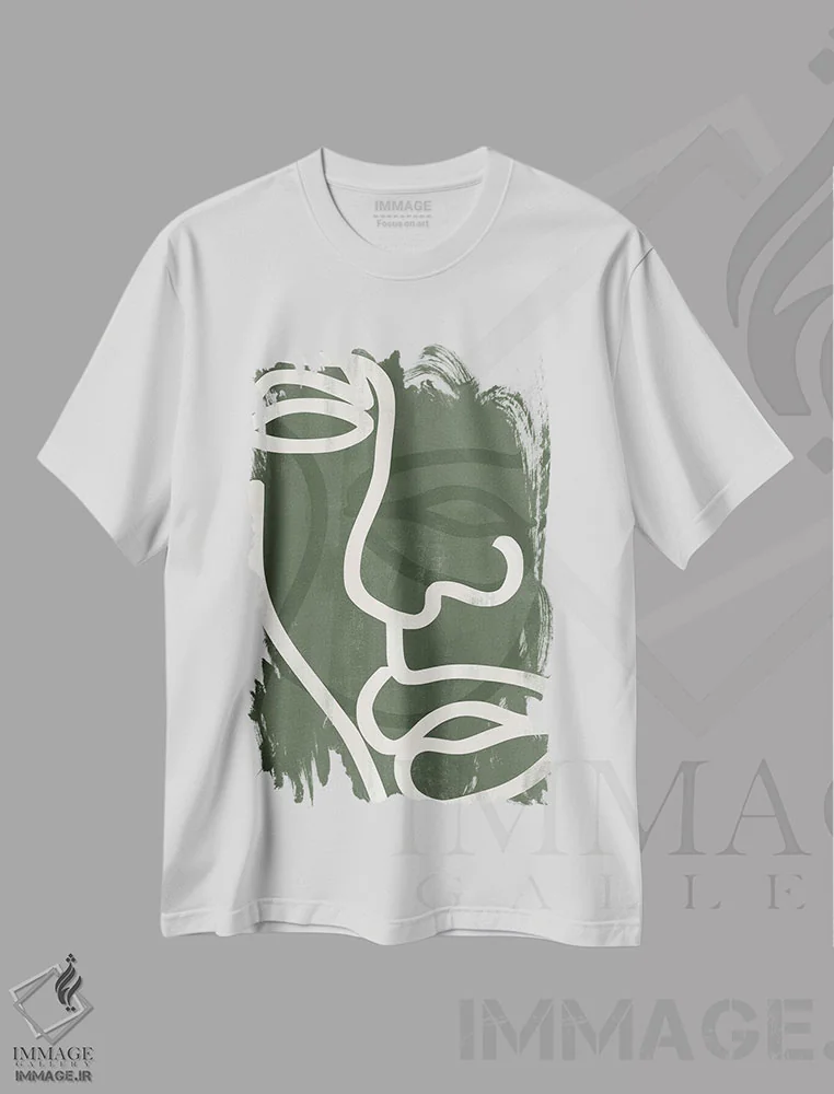 تیشرت سفید طرح دار صورت سبز انتزاعی دو، تزئینی اثر هلو مورائس | فروشگاه ایماژ