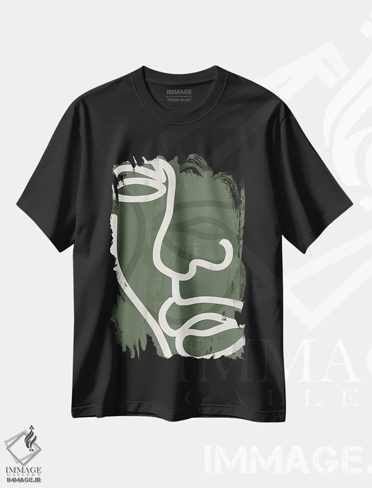 تیشرت مشکی طرح دار صورت سبز انتزاعی دو، تزئینی اثر هلو مورائس | immage.ir