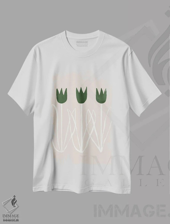 تیشرت سفید طرح دار لاله های سبز انتزاعی یک، تزئینی اثر هلو مورائس | immage.ir