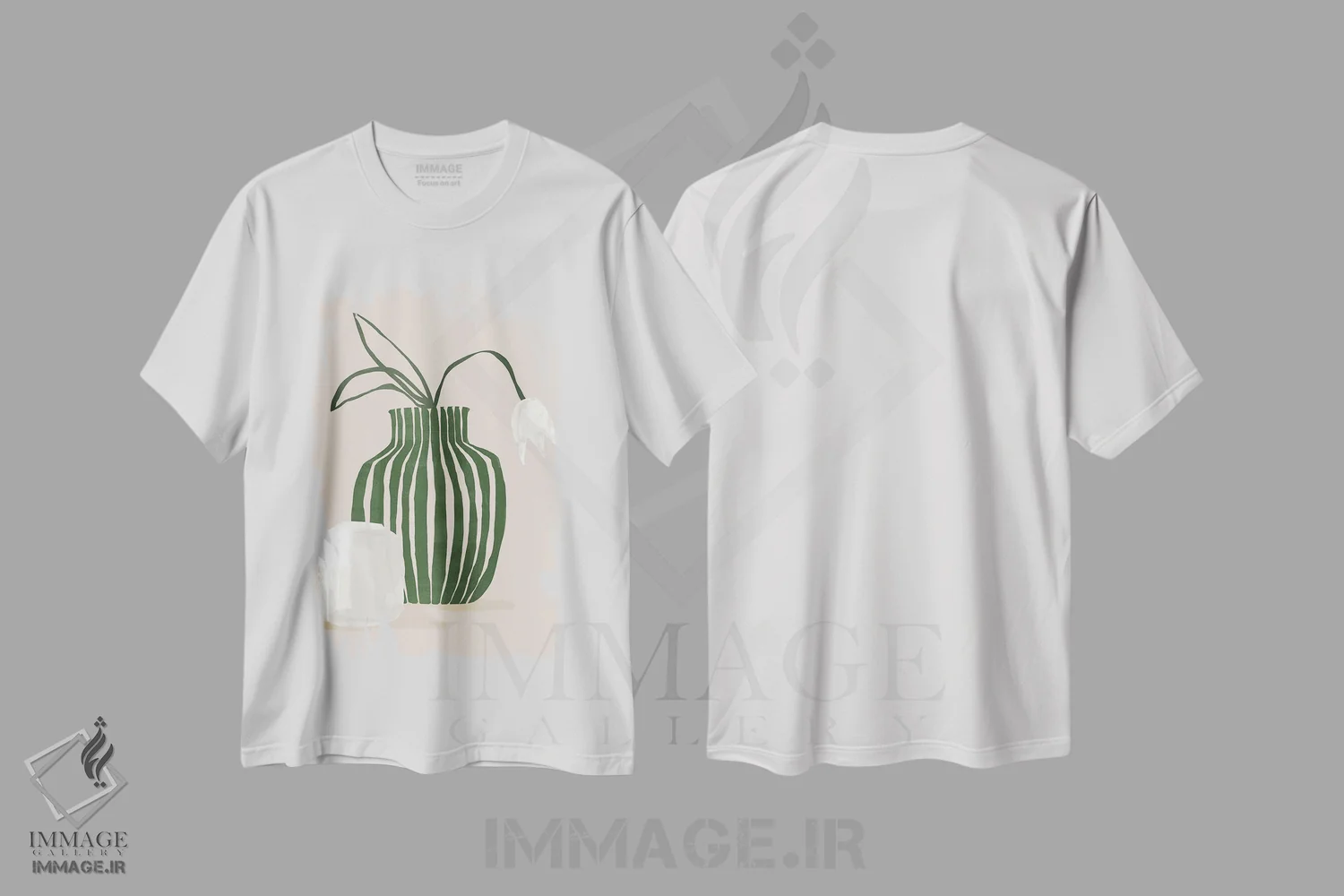 تیشرت سفید طرح دار لاله های سبز انتزاعی دو، تزئینی اثر هلو مورائس | فروشگاه ایماژ