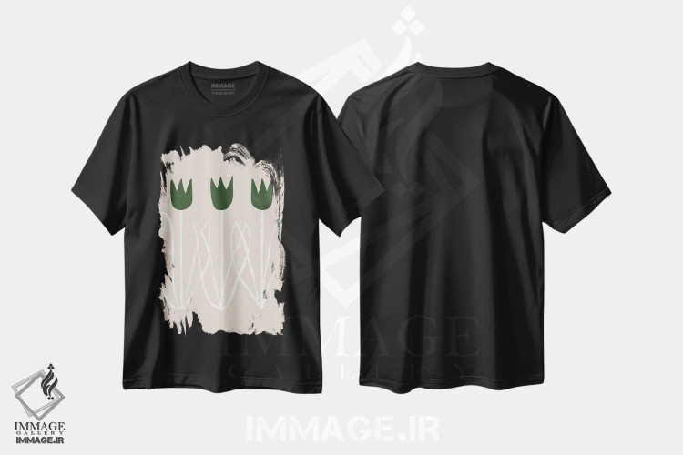 تیشرت مشکی طرح دار لاله های سبز انتزاعی یک، تزئینی اثر هلو مورائس | فروشگاه ایماژ