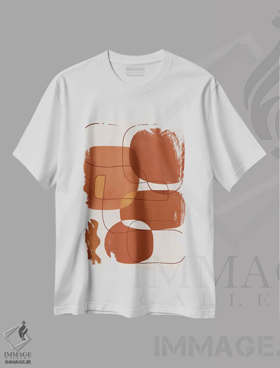 تیشرت سفید طرح دار قلم موی کاراملی انتزاعی یک اثر هلو مورائس | فروشگاه ایماژ