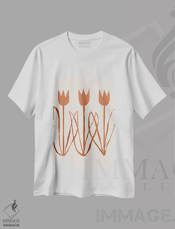 تیشرت سفید طرح دار لاله کاراملی انتزاعی یک، تزئینی اثر هلو مورائس | فروشگاه ایماژ