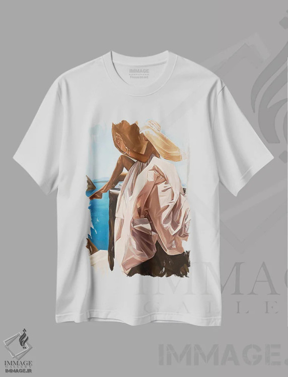 تیشرت سفید طرح دار سانتورینی، دکور معاصر اثر هانا تیشلر | فروشگاه ایماژ