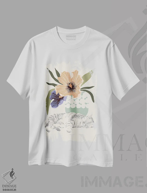 تیشرت سفید طرح دار گربه لاله ای، تزئینی اثر هانا بایزنگ | immage.ir