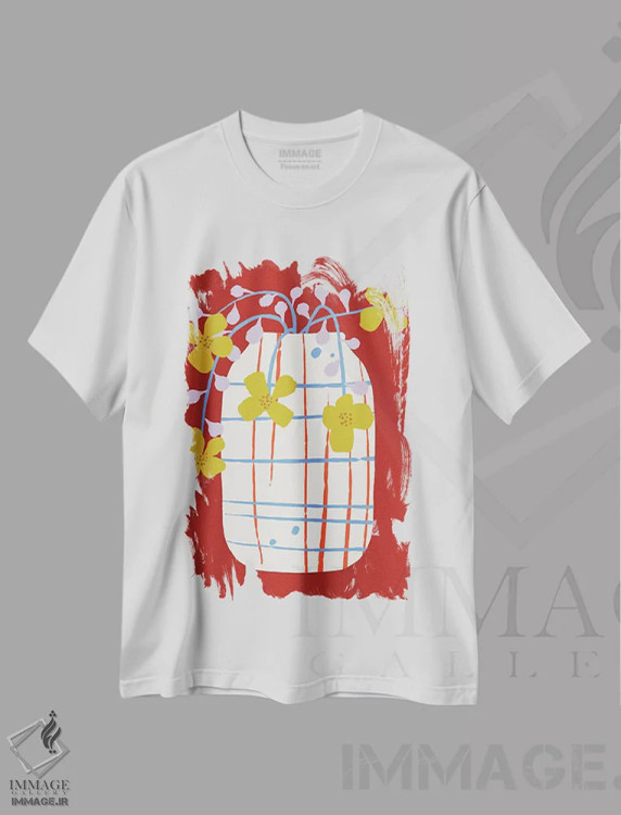 تیشرت سفید طرح دار گلدان خط کشی شده، تزئینی اثر هانا بایزنگ | فروشگاه ایماژ