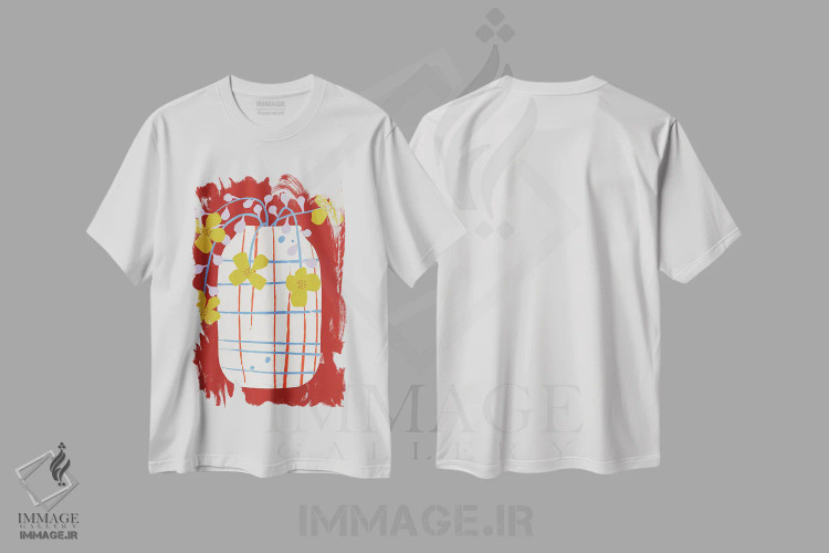 تیشرت سفید طرح دار گلدان خط کشی شده، تزئینی اثر هانا بایزنگ | فروشگاه ایماژ