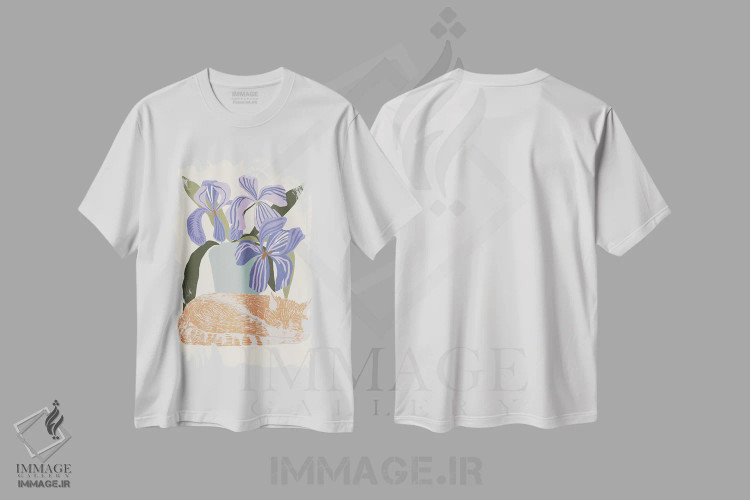 تیشرت سفید طرح دار گربه ای با چشم عنبرین، تزئینی اثر هانا بایزنگ | فروشگاه ایماژ