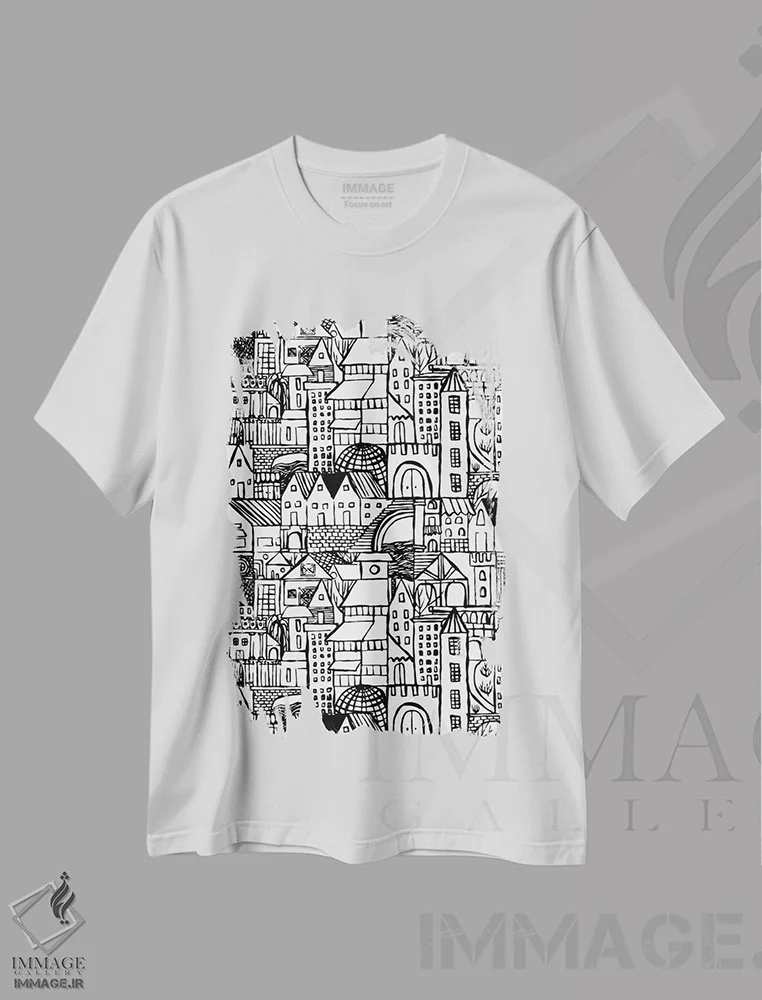 تیشرت سفید طرح دار مجموعهٔ کنجکاوی، هنر تزئینی سیاه و سفید اثر هانا بایزنگ | فروشگاه ایماژ