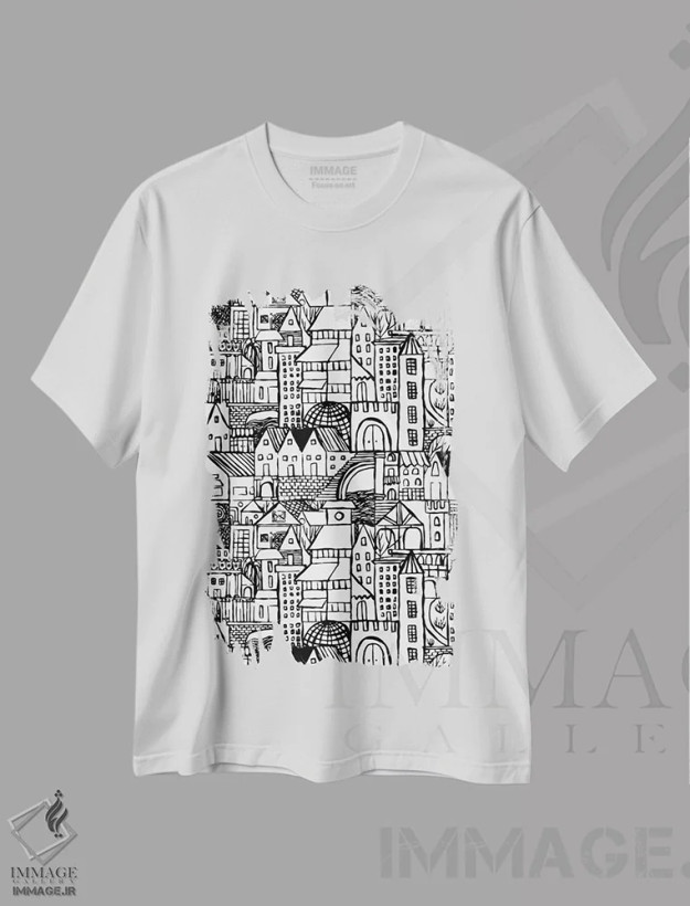 تیشرت سفید طرح دار مجموعهٔ کنجکاوی، هنر تزئینی سیاه و سفید اثر هانا بایزنگ | فروشگاه ایماژ