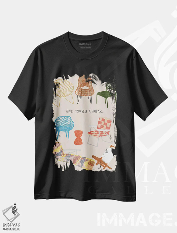 تیشرت مشکی طرح دار صندلی راحتی، تزئینی اثر هانا بایزنگ | فروشگاه ایماژ