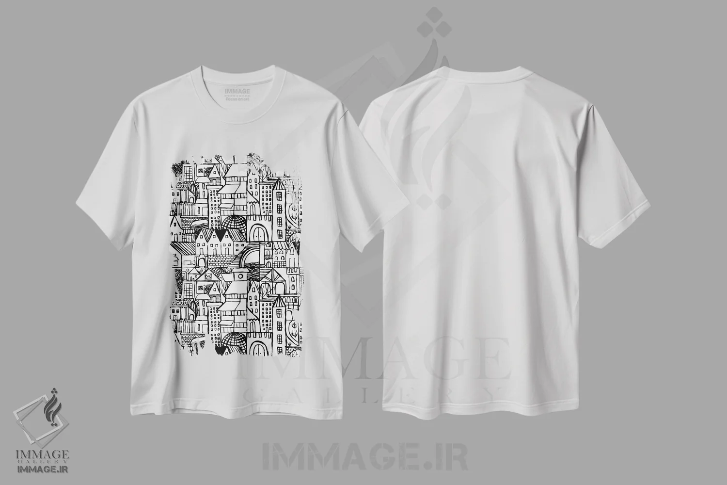 تیشرت سفید طرح دار مجموعهٔ کنجکاوی، هنر تزئینی سیاه و سفید اثر هانا بایزنگ | فروشگاه ایماژ