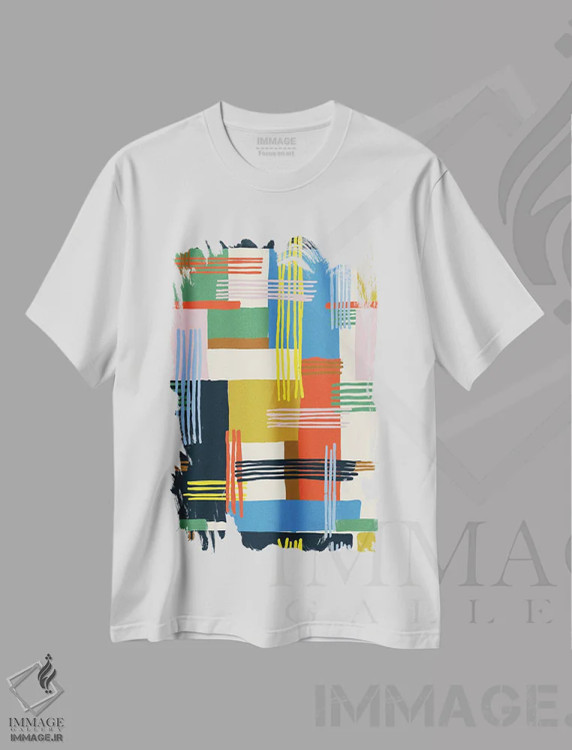 تیشرت سفید طرح دار طرح چهارخانه آزاد، آبستره اثر هانا بایزنگ | فروشگاه ایماژ