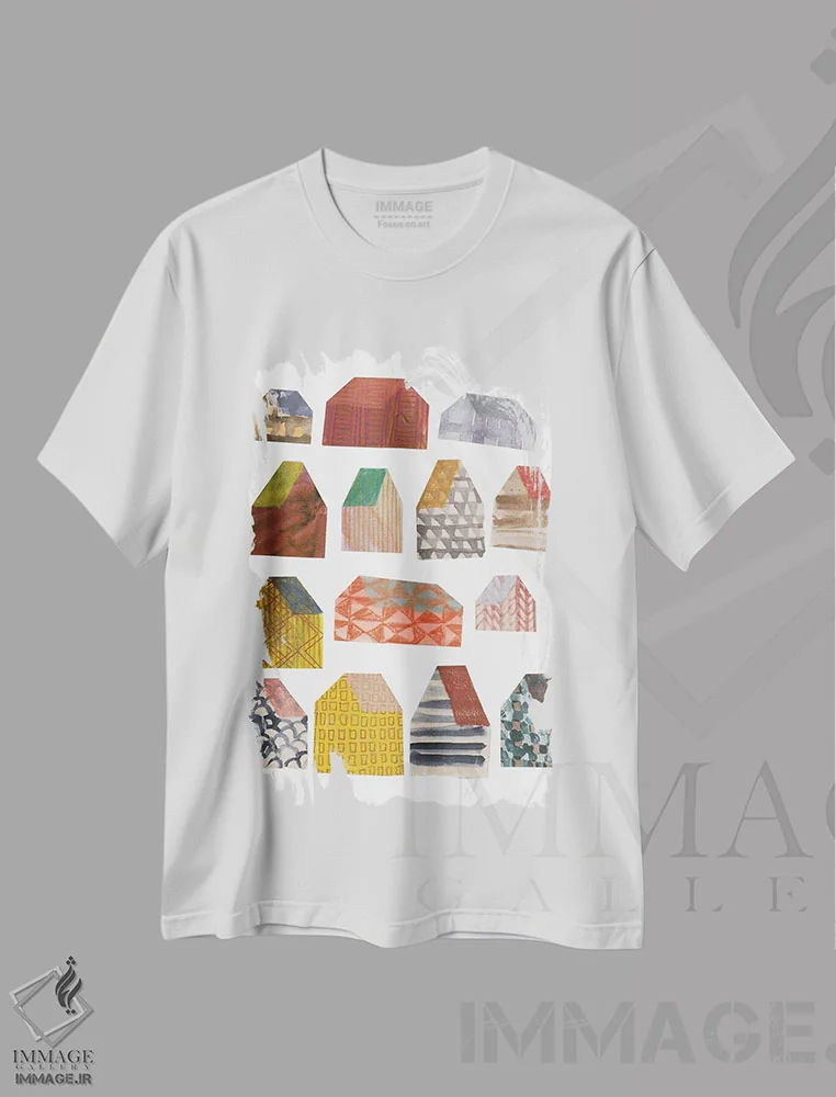 تیشرت سفید طرح دار خانه ها HP، دکور روستایی اثر هانا بایزنگ | فروشگاه ایماژ