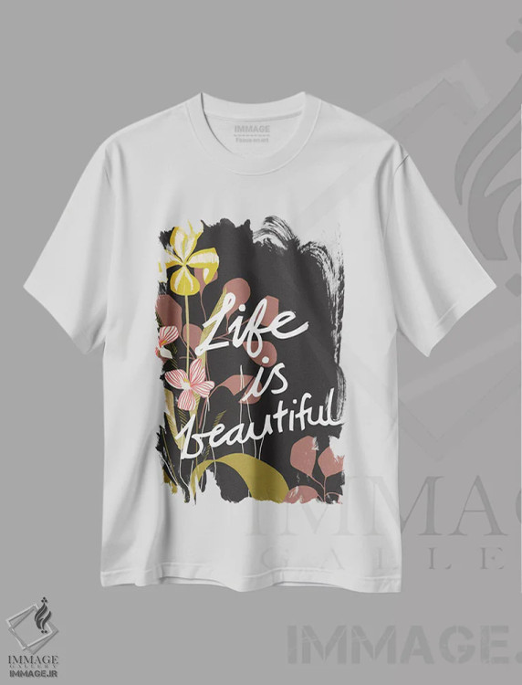 تیشرت سفید طرح دار زندگی زیبا، تزئینی اثر هانا بایزنگ | فروشگاه ایماژ