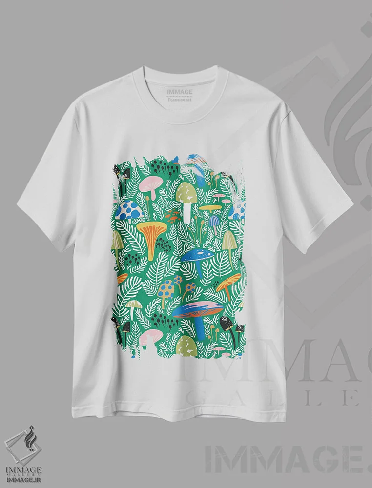 تیشرت سفید طرح دار مزرعه قارچ روشن، تزئینی اثر هانا بایزنگ | فروشگاه ایماژ