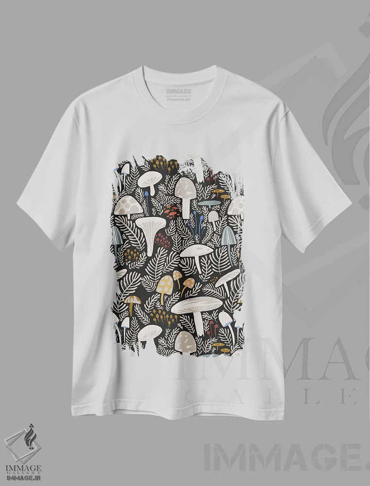 تیشرت سفید طرح دار مزرعه قارچ خنثی، تزئینی اثر هانا بایزنگ | immage.ir
