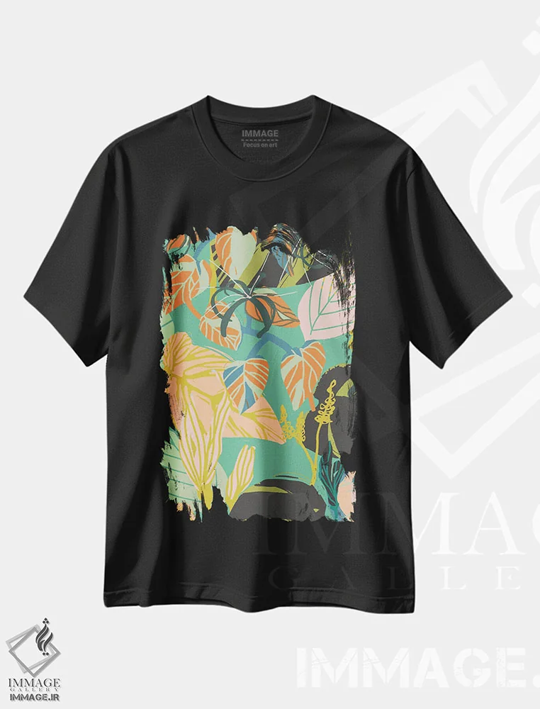 تیشرت مشکی طرح دار الگوی رشد بیش از حد تقویت شده، دکور بوهمی اثر هانا بایزنگ | immage.ir