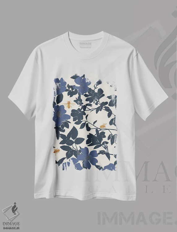 تیشرت سفید طرح دار زنبور رز آبی، دکور روستایی اثر هانا بایزنگ | immage.ir