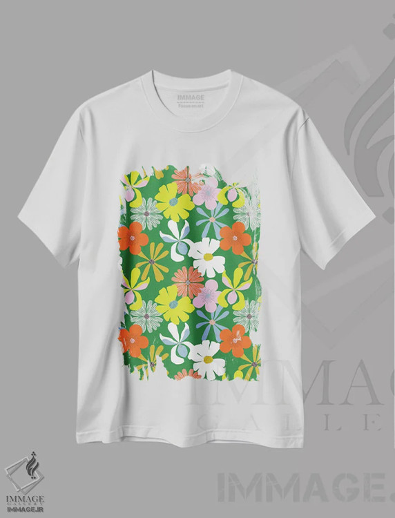 تیشرت سفید طرح دار طرح گل های باغ آفتابی، تزئینی اثر هانا بایزنگ | فروشگاه ایماژ