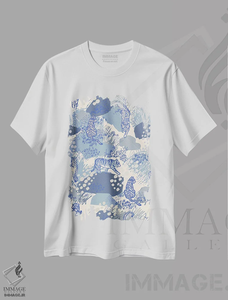 تیشرت سفید طرح دار باغ ببر آبی، تزئینی اثر هانا بایزنگ | فروشگاه ایماژ