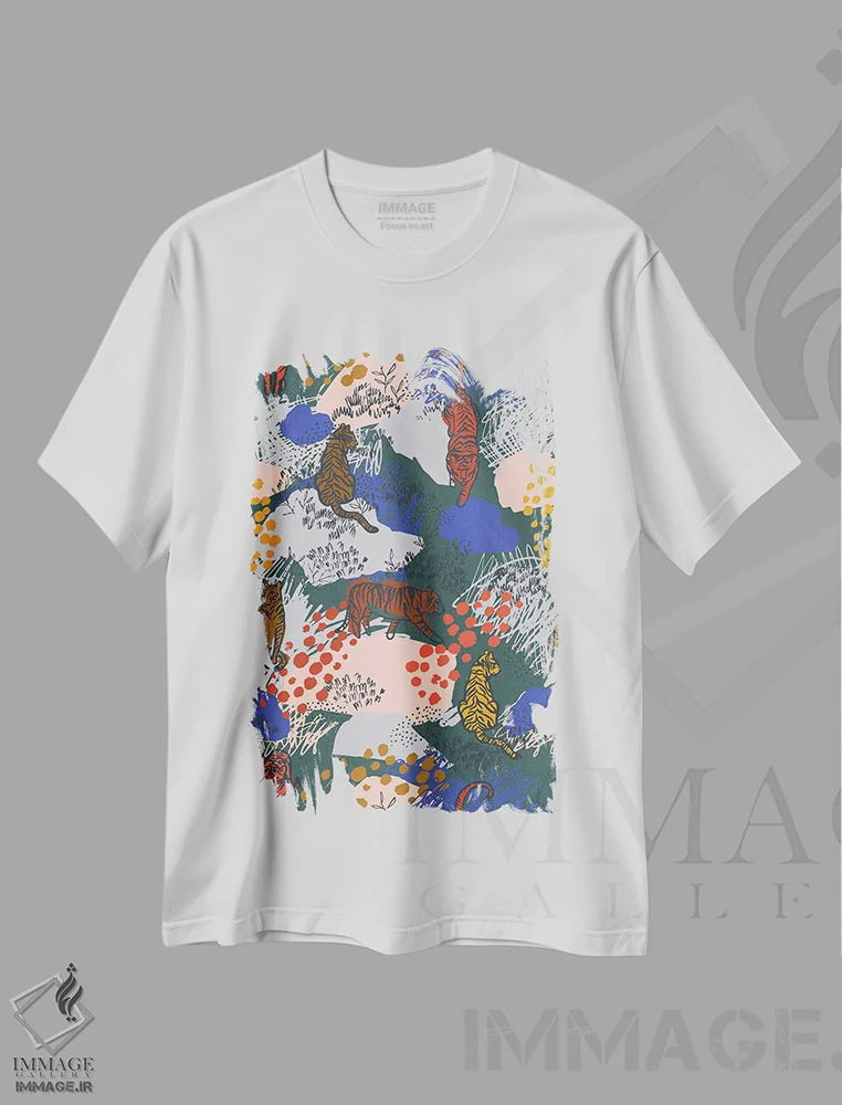 تیشرت سفید طرح دار باغ ببر جسورانه، تزئینی اثر هانا بایزنگ | immage.ir
