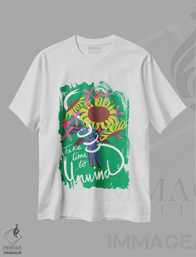 تیشرت سفید طرح دار آرامش زمان، تزئینی اثر هانا بایزنگ | فروشگاه ایماژ