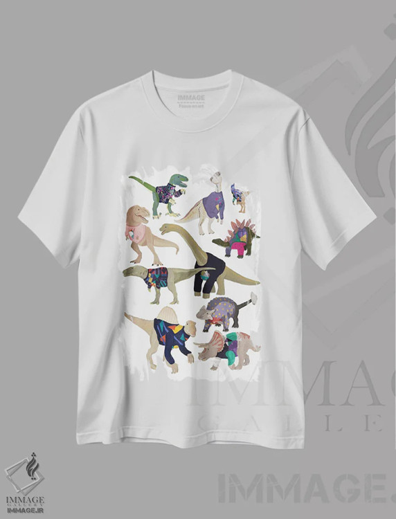 تیشرت سفید طرح دار دایناسورها با پلیورهای دهه هشتاد میلادی، دکور معاصر اثر هانا ملین | فروشگاه ایماژ
