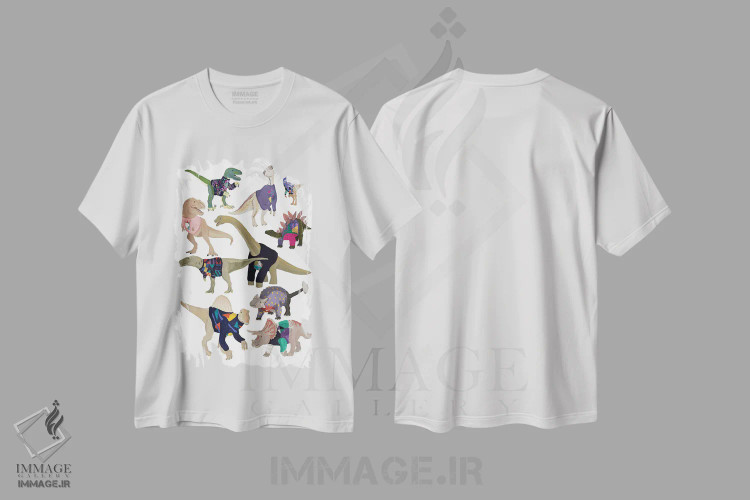 تیشرت سفید طرح دار دایناسورها با پلیورهای دهه هشتاد میلادی، دکور معاصر اثر هانا ملین | فروشگاه ایماژ